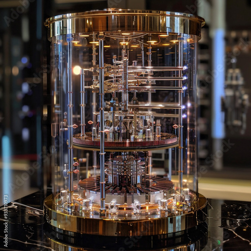 Futuristic quantum computing system with glowing circuits, complex connections, and data flows. Advanced technology visualization, representing quantum mechanics and high-performance computation.