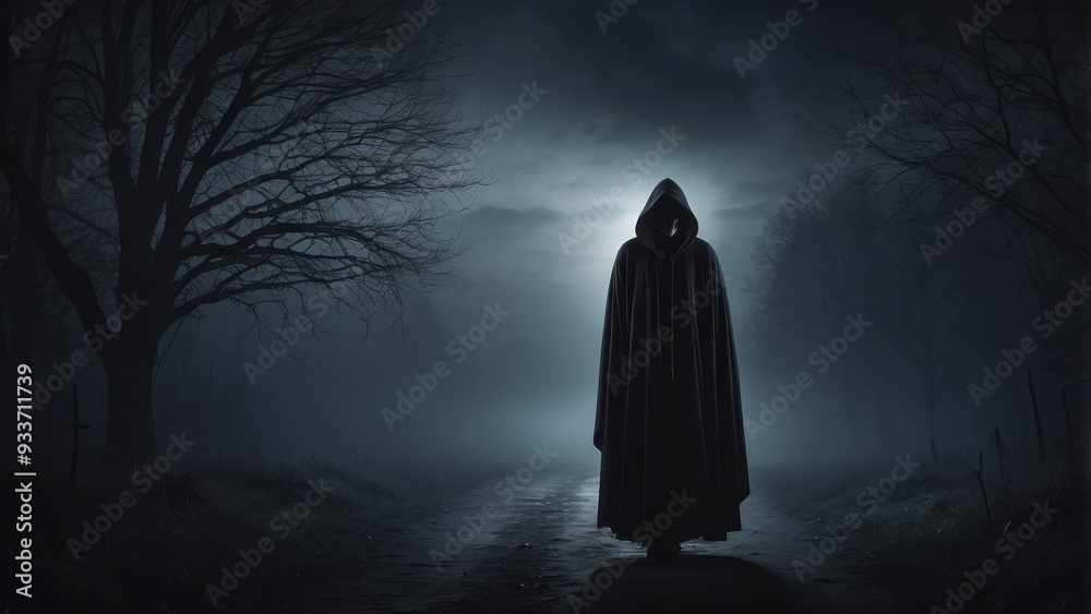 Hooded Figure Standing in a Foggy, Dark Forest Hooded Figure Standing in a Foggy, Dark Forest
