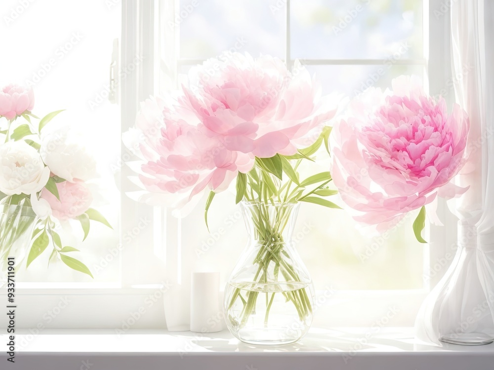 Pink and white peonies in a vase with sunbeams on the windowsill, set against a white background for a room or backdrop for a product presentation Pink and white peonies in a vase with sunbeams on the windowsill, set against a white background for a room or backdrop for a product presentation