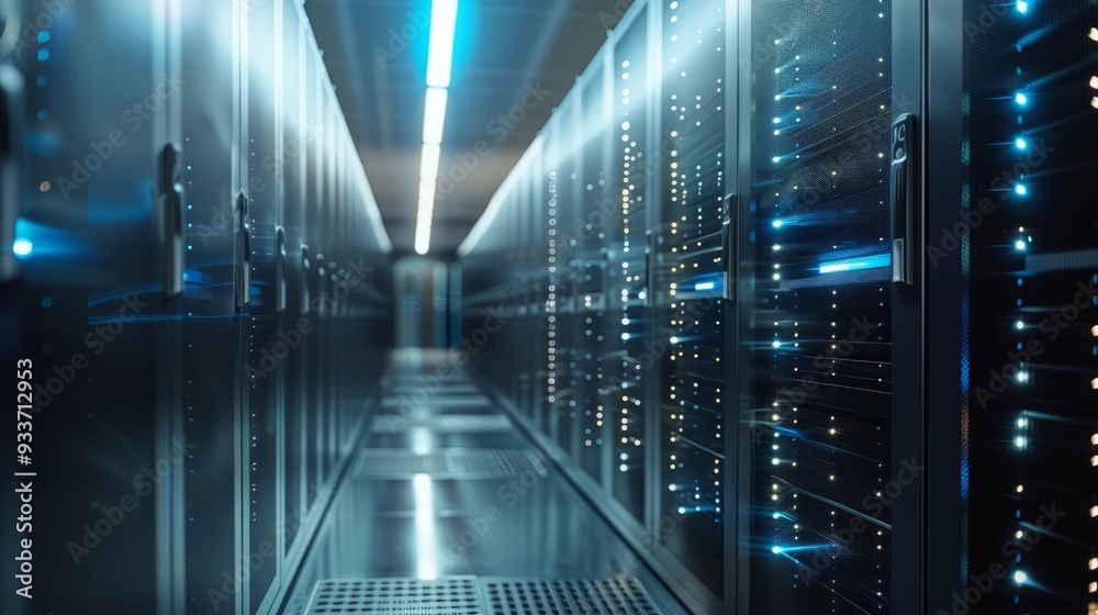Fototapeta premium Modern data center with advanced server racks illuminated by blue lights, showcasing high-tech infrastructure. The corridor between the servers creates a sense of depth and security.