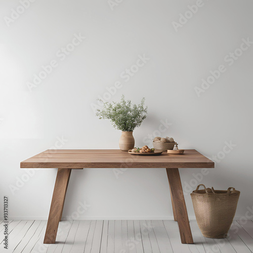 Decoração minimalista com mesa de madeira.