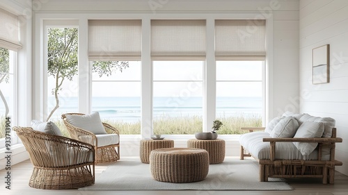 Beach house living room with rattan furniture, soft pastel tones, and large windows framing ocean views, photorealistic, cozy coastal comfort