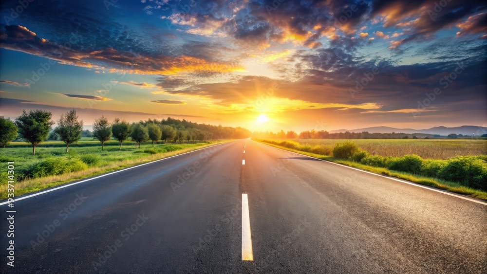 Beautiful panoramic view of an asphalt road during sunrise , travel, concept, panorama, road, sunrise, landscape, journey Beautiful panoramic view of an asphalt road during sunrise , travel, concept, panorama, road, sunrise, landscape, journey
