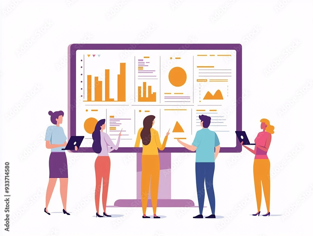 Fototapeta premium Digital Marketing Team Analyzing Growth Data on a Big Screen in Flat Illustration Style