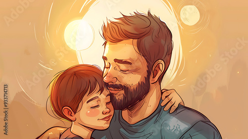 Fathers Day card with a handdrawn illustration of a dad and child an open area for text at the top