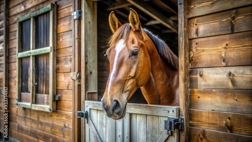 Rustic wooden stall door slightly ajar, revealing a majestic horse's gentle face and curious eyes, set against a soft, natural light-filled barn interior.