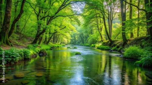 A serene stream flowing through a lush green forest, nature, landscape, peaceful, tranquil, water, trees, foliage