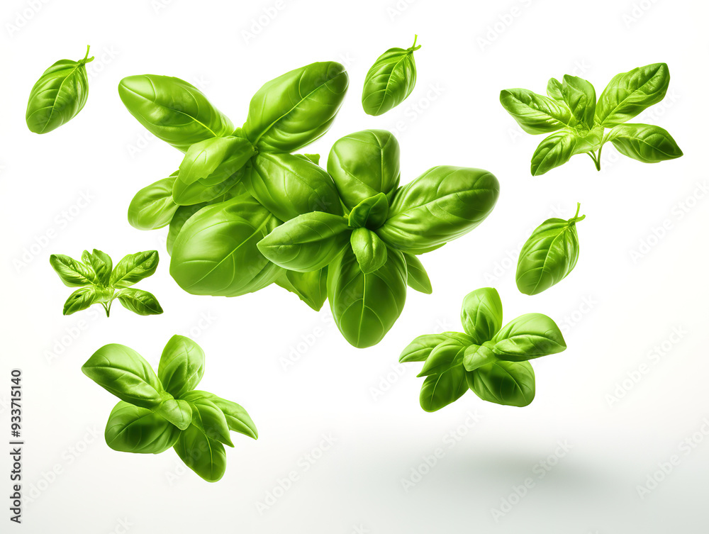 Flying basil leaves and lettuce salad Flying basil leaves and lettuce salad