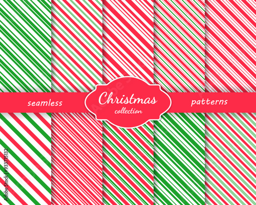 Christmas striped diagonal seamless patterns collection. Candy cane red lines background.