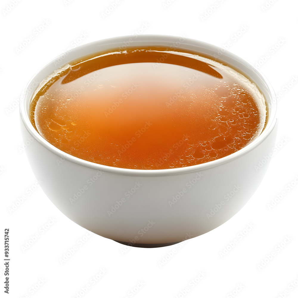 Photography of Amber Beef Broth in a White Bowl on Plain Background Photography of Amber Beef Broth in a White Bowl on Plain Background