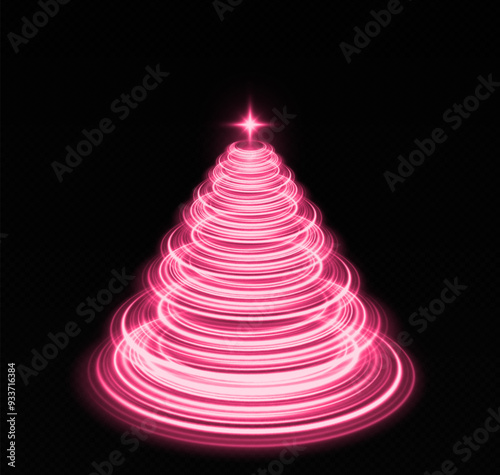 Shining spiral Christmas tree with shining star. Swirling Merry Christmas tree silhouette from shiny circle particles on black transparent background.