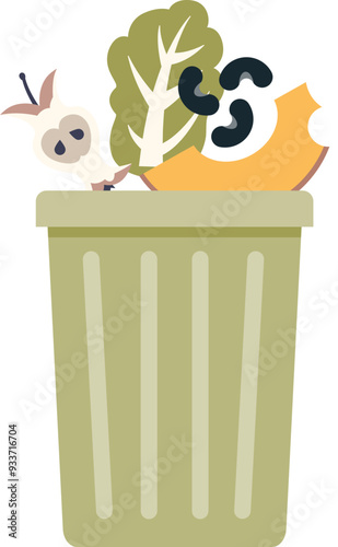 Green compost bin with organic waste like apple core, leaves, symbolizing recycling and sustainability.
