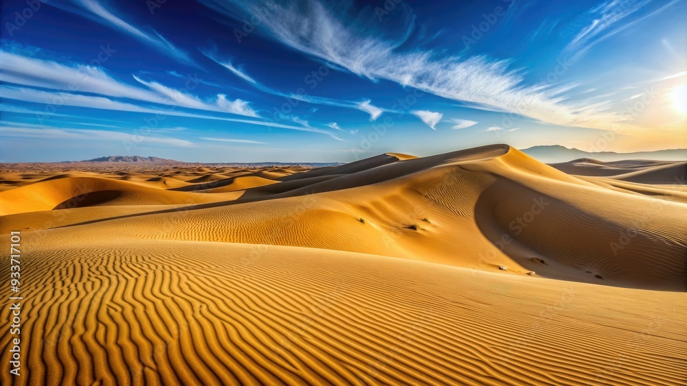 Naklejka premium Sandy dunes stretch towards the horizon under a clear blue sky in a serene and vast North African desert landscape.