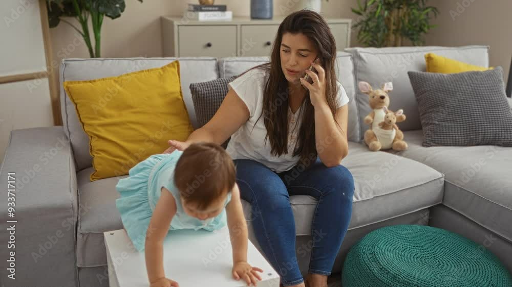 Woman talking on phone while watching toddler play in living room with sofa and pillows, stuffed toys, and home decor
