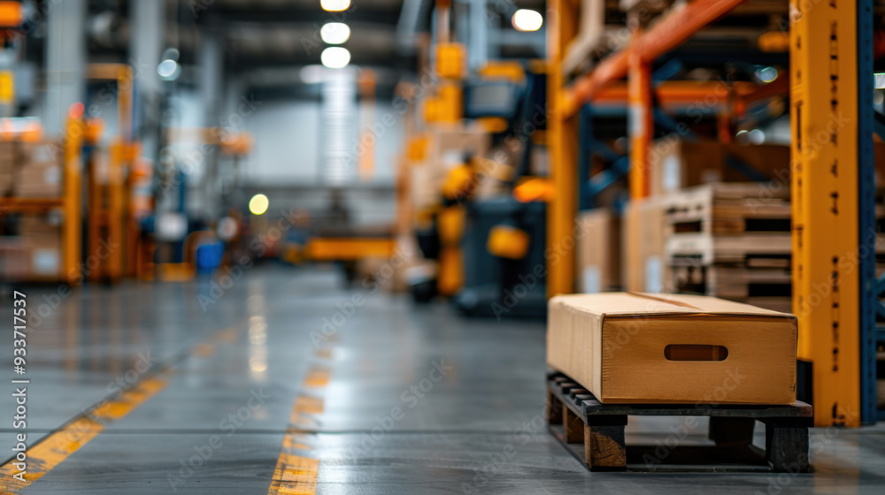 Fototapeta premium A single cardboard box sits on a pallet in an organized, modern warehouse environment, representing logistics and inventory management.
