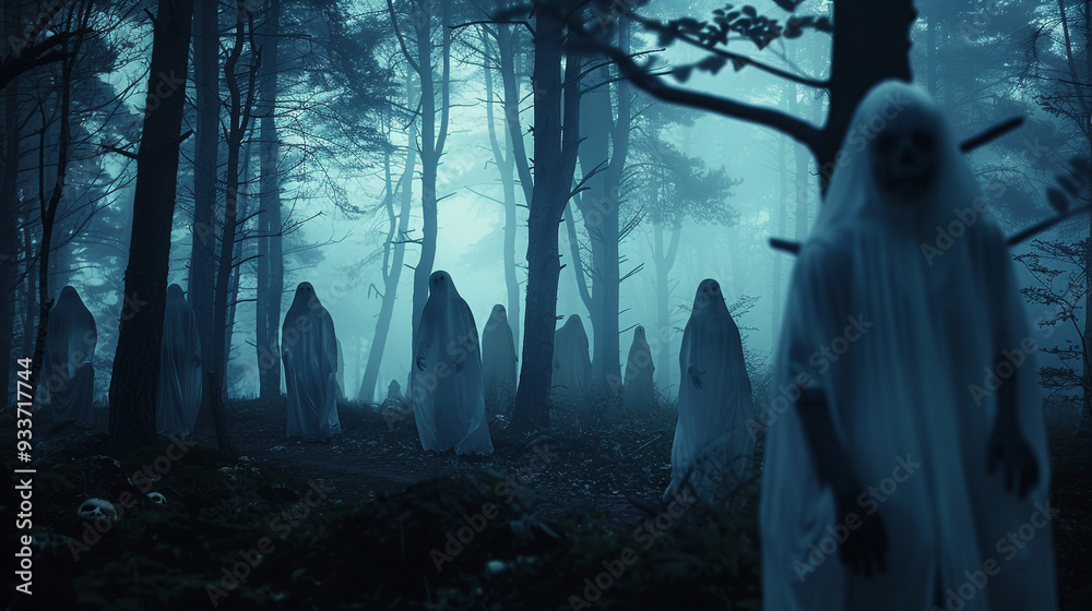 A haunted forest scene at dusk, with ghostly figures creating a chilling Halloween experience.