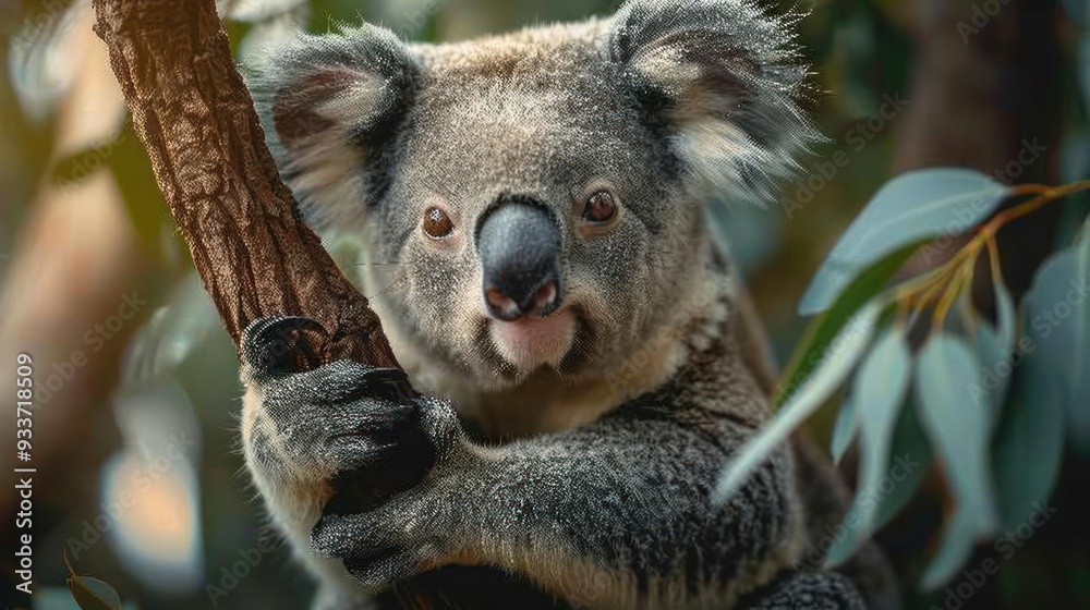 Fototapeta premium A koala bear standing on a branch of an Australian tree,