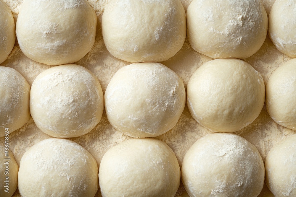 Dough balls on a floured surface. This image is perfect for showcasing the process of making bread or pizza. Dough balls on a floured surface. This image is perfect for showcasing the process of making bread or pizza.