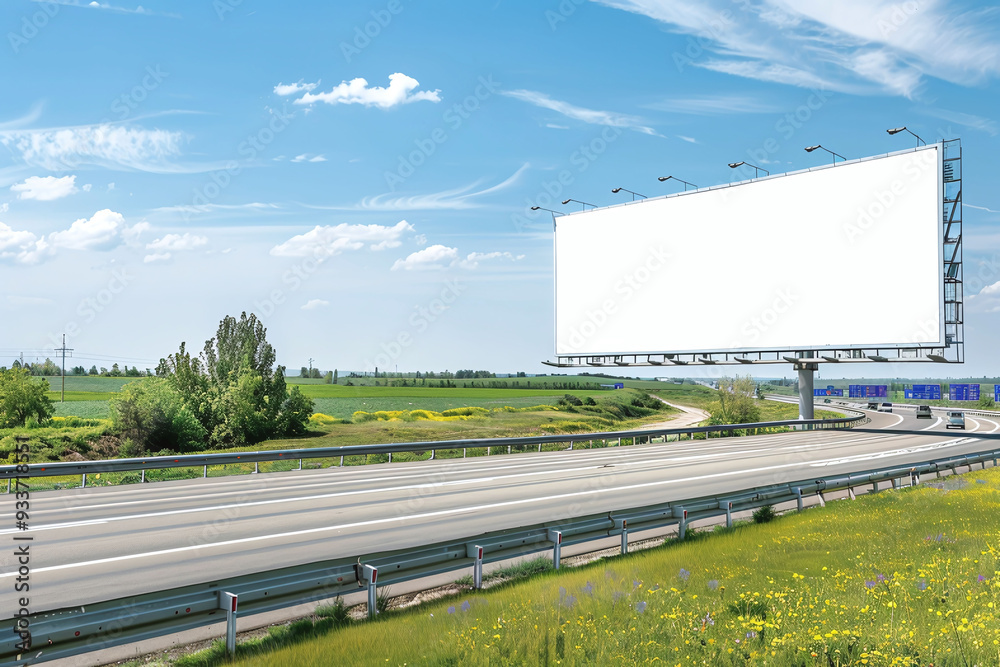 Blank billboard on highway with blue sky and green grass. Blank billboard for advertising. Generative AI Blank billboard on highway with blue sky and green grass. Blank billboard for advertising. Generative AI