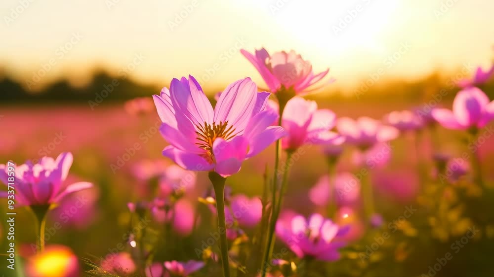 Sunrise over a field of blooming pink flowers in spring with golden light Sunrise over a field of blooming pink flowers in spring with golden light