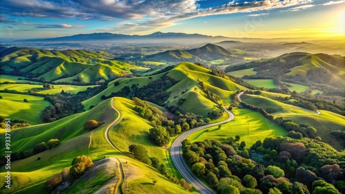 Scenic aerial view of Mount Diablo State Park in Contra Costa County, California, featuring lush green hills, winding roads, and sun-kissed landscape. photo