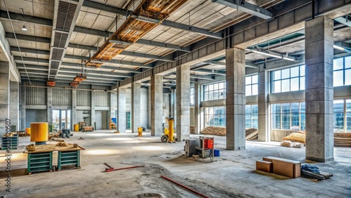 Semi-completed modern interior of a commercial building under construction, with concrete pillars, unfinished walls, and exposed ductwork, surrounded by construction equipment and tools.
