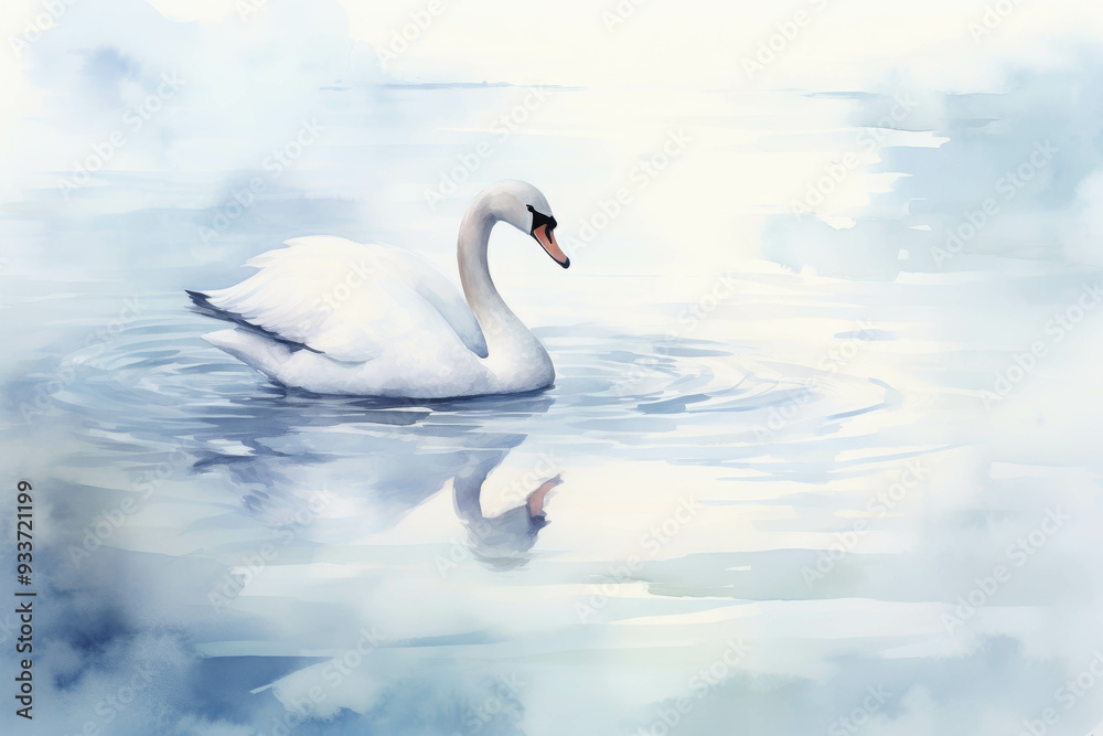 Obraz premium Serene Swan's Reflection: A watercolor painting of a graceful swan gliding on tranquil waters, its pristine white plumage mirrored in the serene blue depths.