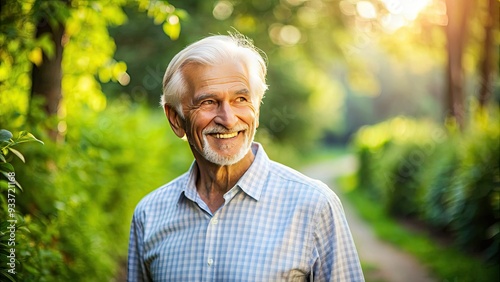 Senior gentleman with silver hair and gentle smile, actively walking outdoors, surrounded by lush greenery, conveying vitality and joy in his golden years.