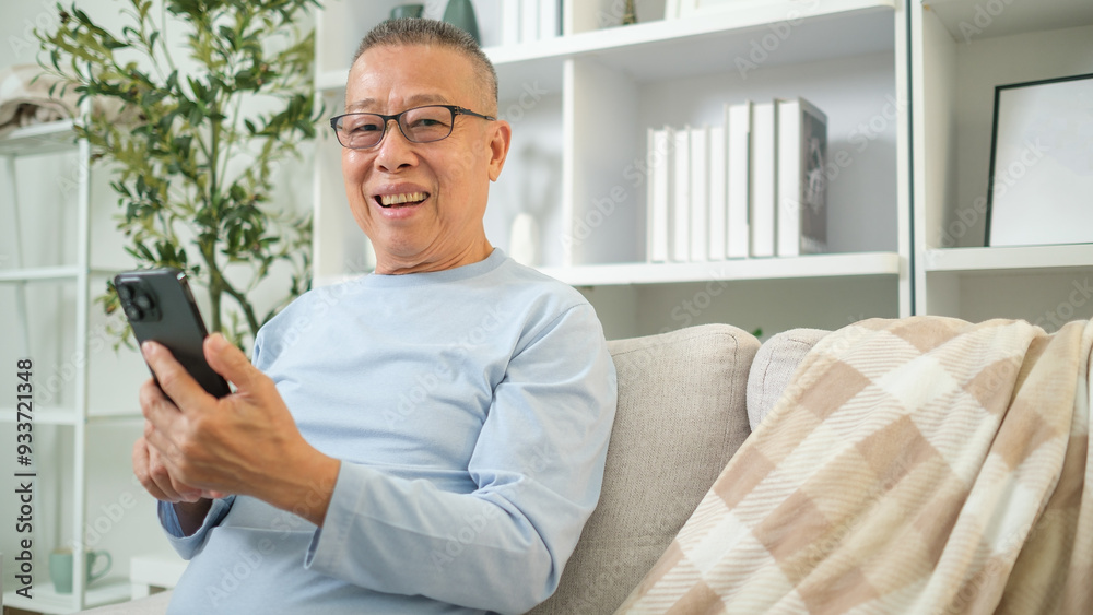 Cheerful elderly man sitting comfortably on a sofa, holding a smartphone in his hand. Cheerful elderly man sitting comfortably on a sofa, holding a smartphone in his hand.