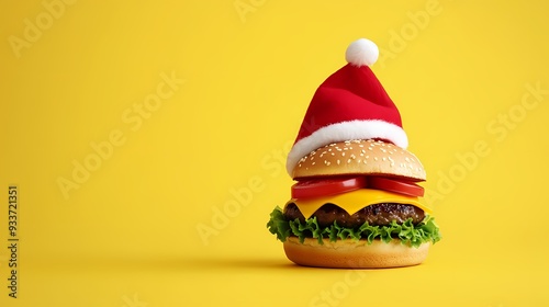 hanburger with santa hat for fast food discount offer for Christmas day photo