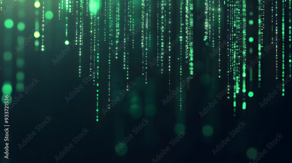 Obraz premium Abstract digital background with green binary code falling down against a dark background.