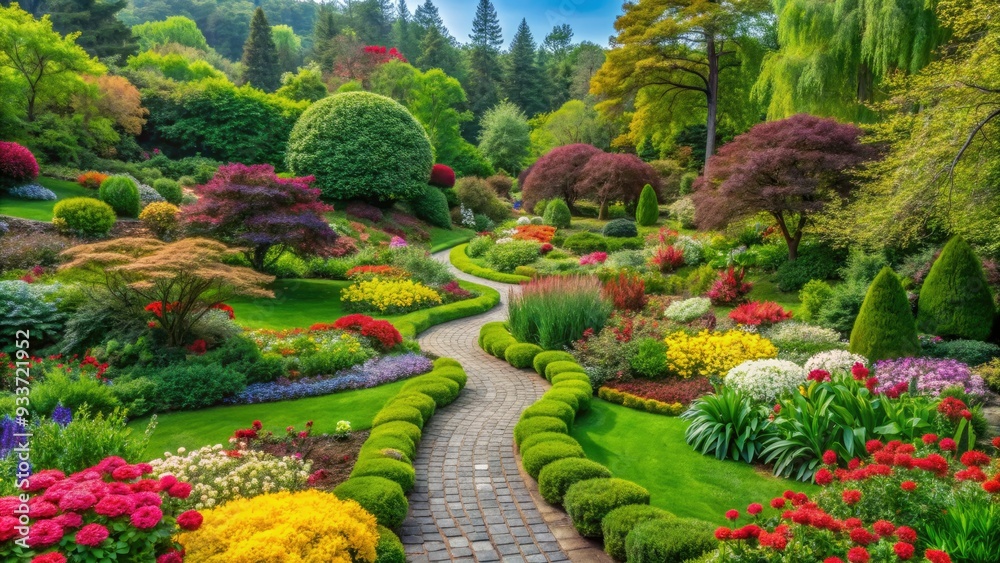 Obraz premium Serene and vibrant garden scene with lush greenery, colorful blooms, and meandering paths, inviting tranquility and relaxation amidst nature's beauty.