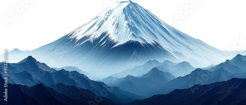 A stylized image of a prominent, snow-capped mountain peak towering above a range of blue-toned ridges.
