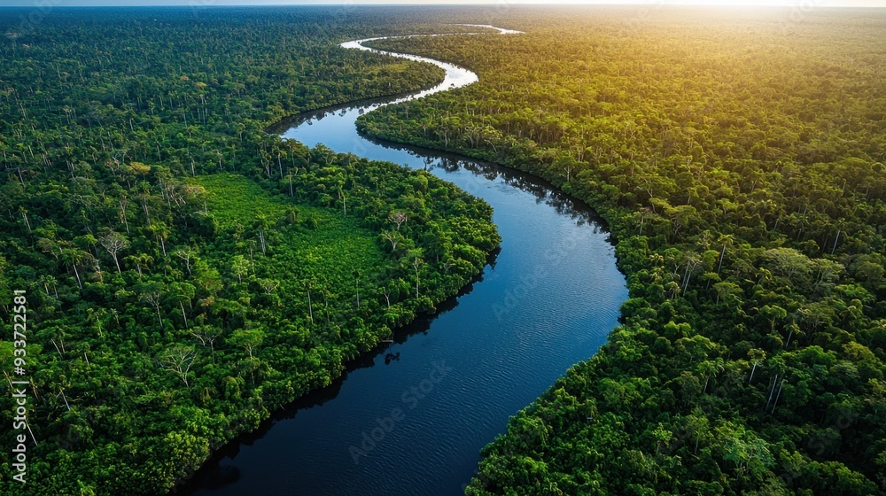 Obraz premium Majestic Aerial View of a Meandering River Cutting Through Lush Rainforest Canopy