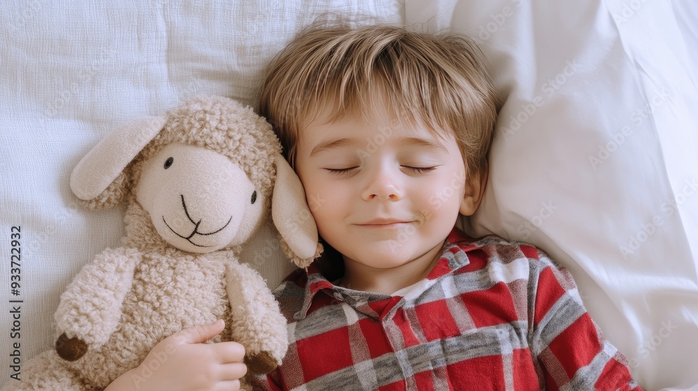 A baby sleeps soundly on a bed, holding a soft toy sheep, creating a tranquil and heartwarming moment in a bright, clean setting A baby sleeps soundly on a bed, holding a soft toy sheep, creating a tranquil and heartwarming moment in a bright, clean setting