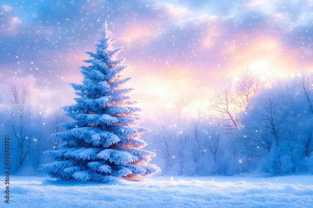 Snow-covered green pine tree standing tall under a stunning winter sky Snow-covered green pine tree standing tall under a stunning winter sky