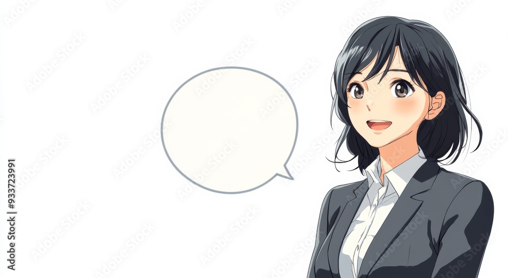 Asian Woman in Her Thirties with Shoulder-Length Black Hair Wearing an Office Suit, Smiling and Speaking with a Speech Bubble in Anime Style Asian Woman in Her Thirties with Shoulder-Length Black Hair Wearing an Office Suit, Smiling and Speaking with a Speech Bubble in Anime Style