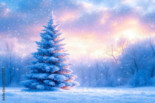 Snow-covered green pine tree standing tall under a stunning winter sky