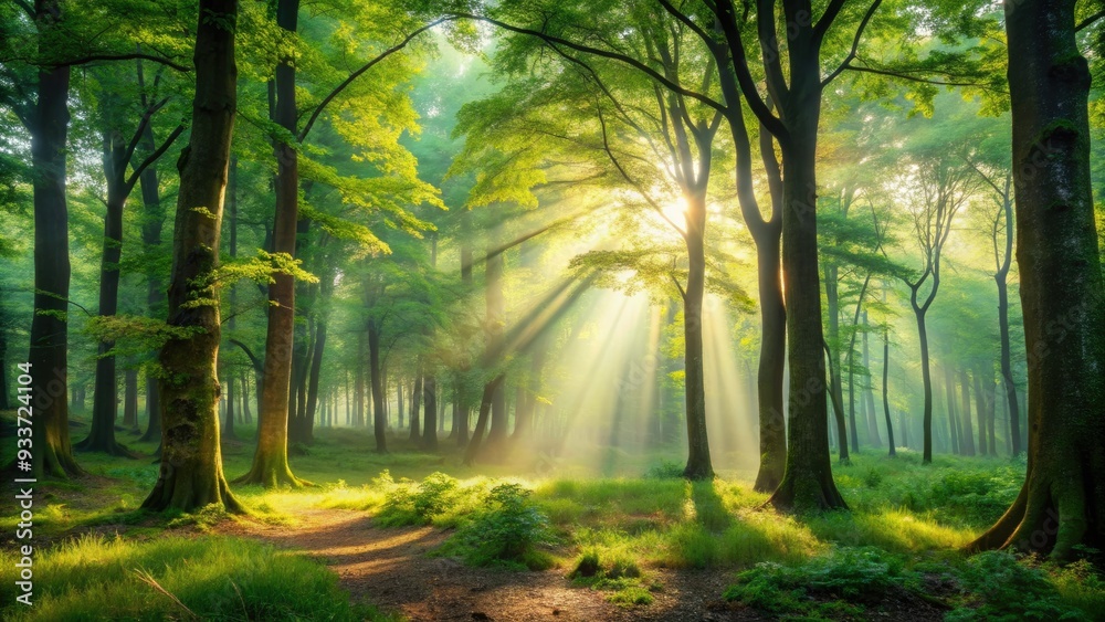 Fototapeta premium Serene forest clearing surrounded by towering trees, dappled sunlight filtering through leafy canopy, with lush green undergrowth and a misty atmosphere.