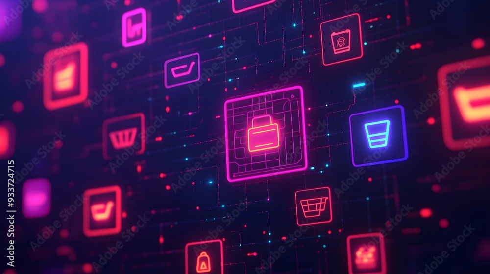 Digital Shopping Cart Icons in Neon Lights Digital Shopping Cart Icons in Neon Lights