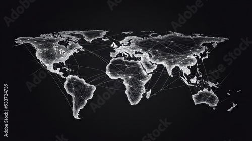 Fototapeta Naklejka Na Ścianę i Meble -  A minimalist world map with clean white lines connecting key cities, set against a black background, modern, sleek design