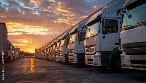 A line of white trucks parked in front of an industrial warehouse at sunset, representing the role and importance of the transportation industry in society Generative AI