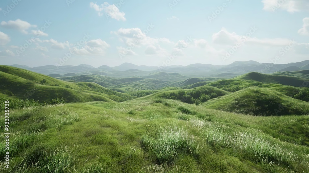 Obraz premium Green Grassy Hills with Blue Sky and White Clouds - Realistic Landscape Illustration