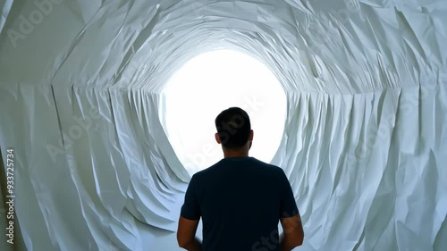 Exploring a unique art installation in a white, paper-lined tunnel at an art gallery photo