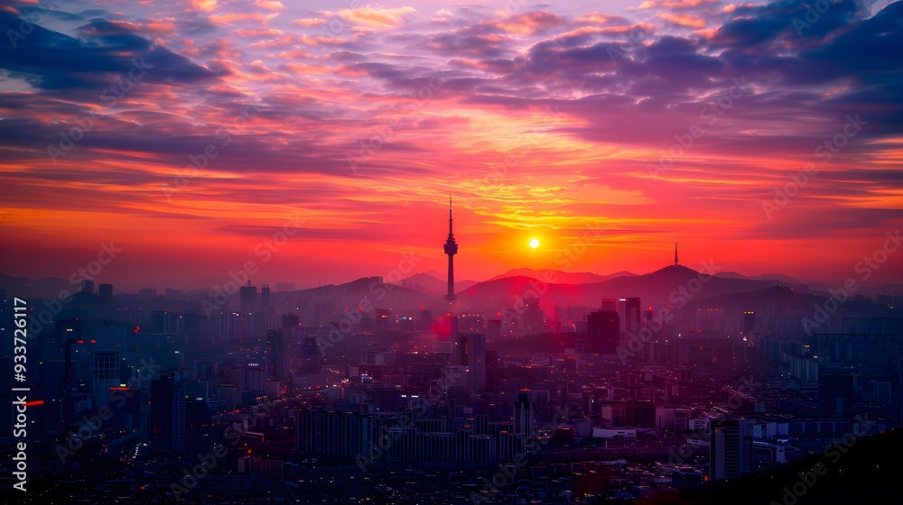 Sunset of Seoul City and Seoul Tower South Korea.