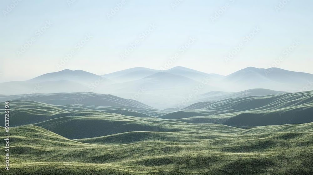 Rolling Green Hills with Misty Mountains in the Distance - 3D Render Rolling Green Hills with Misty Mountains in the Distance - 3D Render