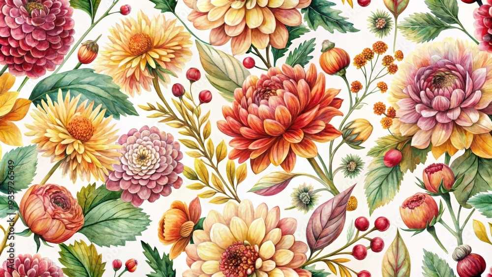 Watercolor seamless pattern featuring autumn flowers chrysanthemums, ranunculus, berries, and leaves, watercolor Watercolor seamless pattern featuring autumn flowers chrysanthemums, ranunculus, berries, and leaves, watercolor