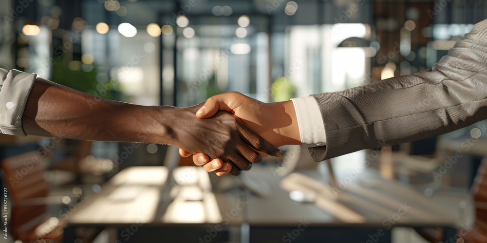 Closeup of a handshake between two diverse businesspeople in a modern office. Generative ai