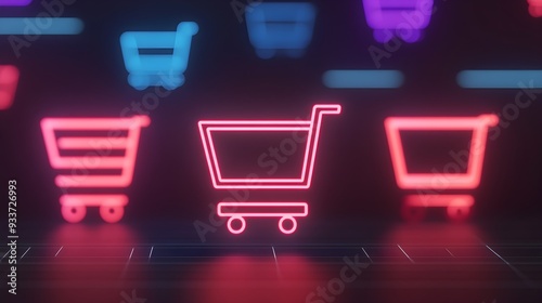 Neon Shopping Cart Icon on Dark Background