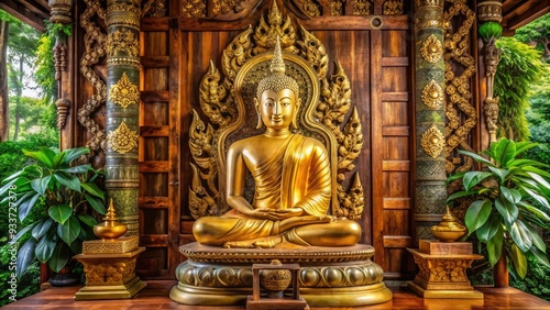 Serenely lit golden Buddha statue sits cross-legged on a velvet throne, surrounded by intricately carved wooden panels and lush greenery in a tranquil temple setting.